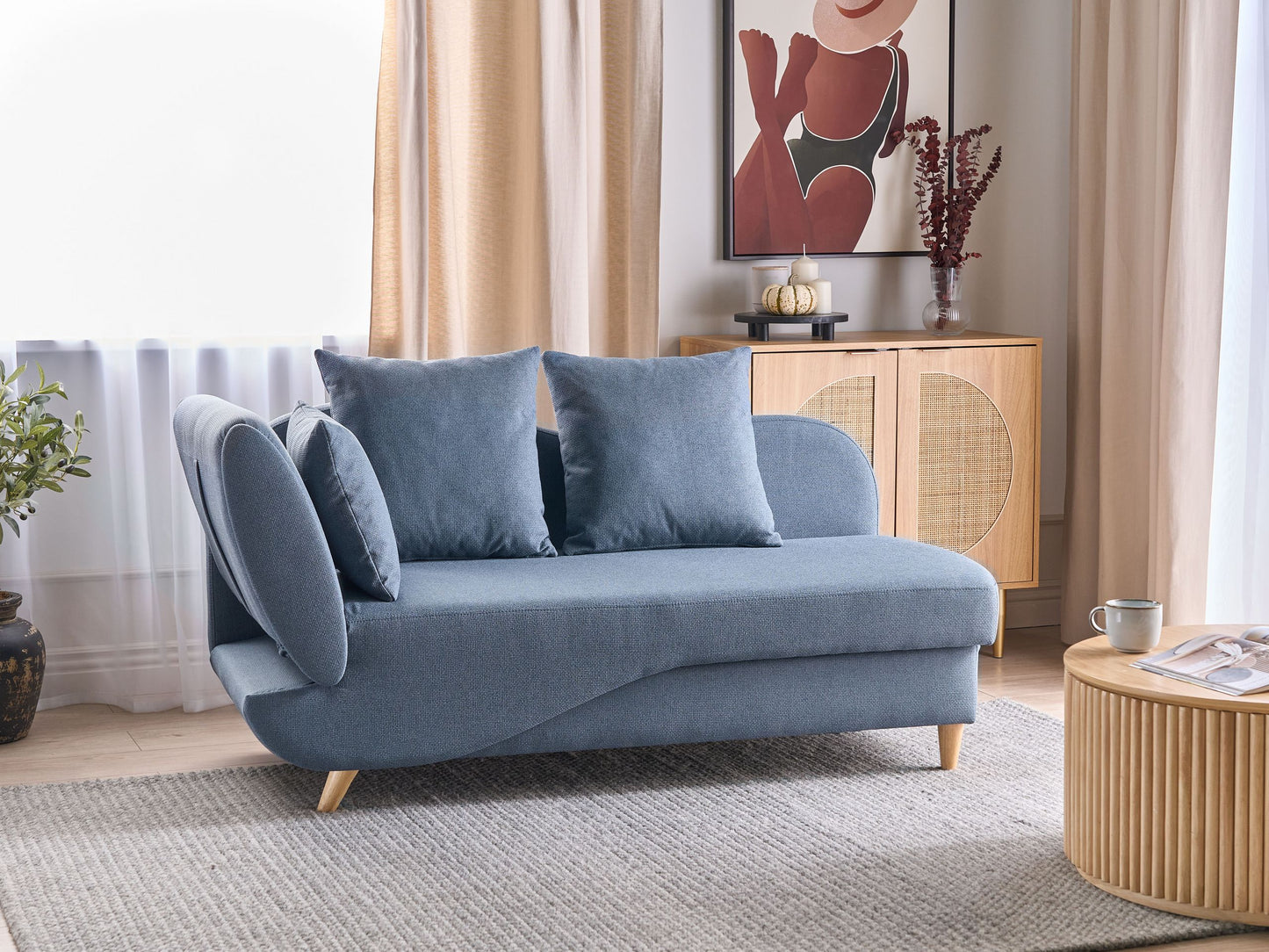 Chaiselongue Leinenoptik dunkelblau mit Bettkasten linksseitig MERI II