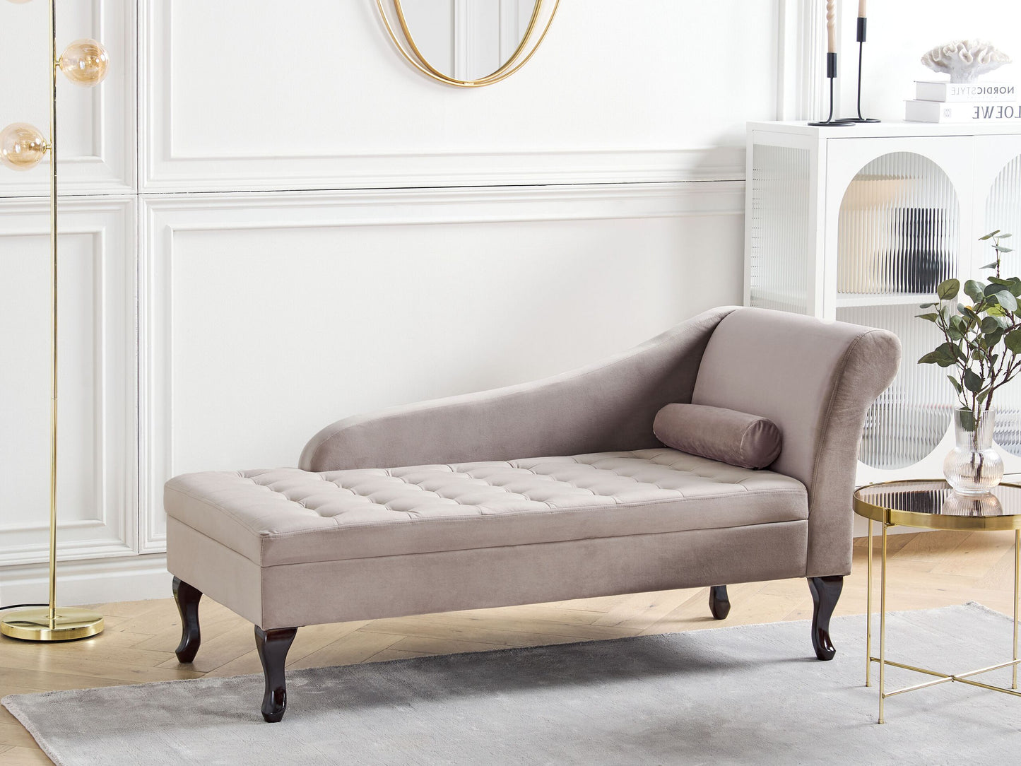 Chaiselongue Samtstoff taupe mit Bettkasten rechtsseitig PESSAC