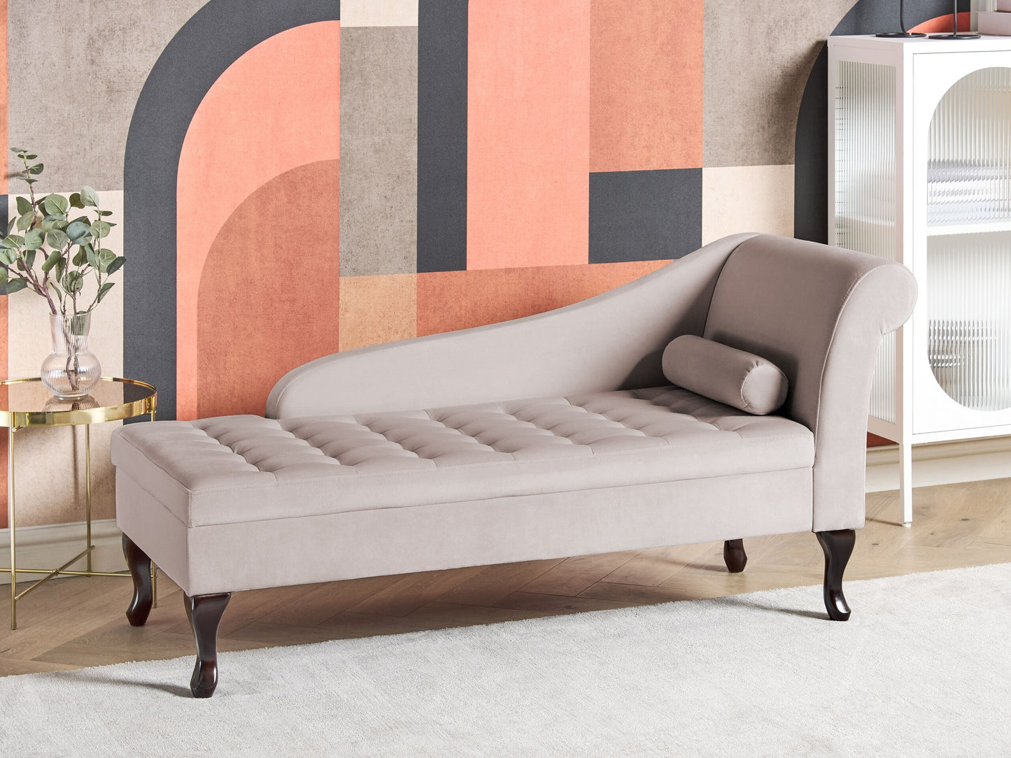 Chaiselongue Samtstoff hellbeige mit Bettkasten rechtsseitig PESSAC