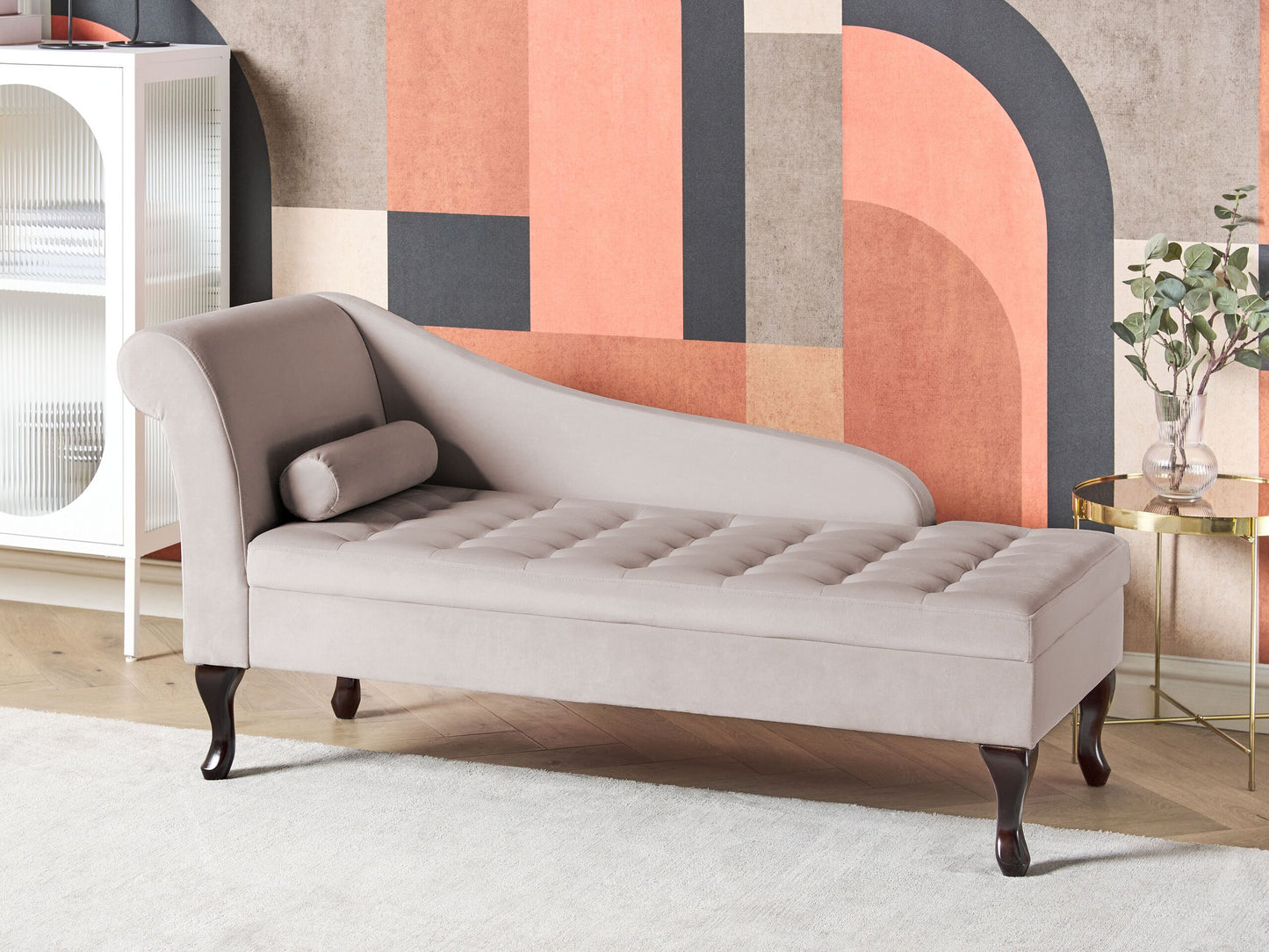 Chaiselongue Samtstoff hellbeige mit Bettkasten linksseitig PESSAC