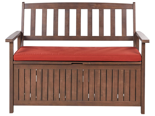 Gartenbank mit Auflage SOVANA 120 cm mit Stauraum Akazienholz Rot