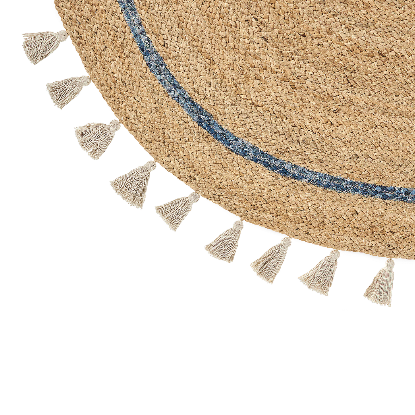 Teppich Jute beige / blau ø 140 cm mit Quasten Kurzflor OBAKOY