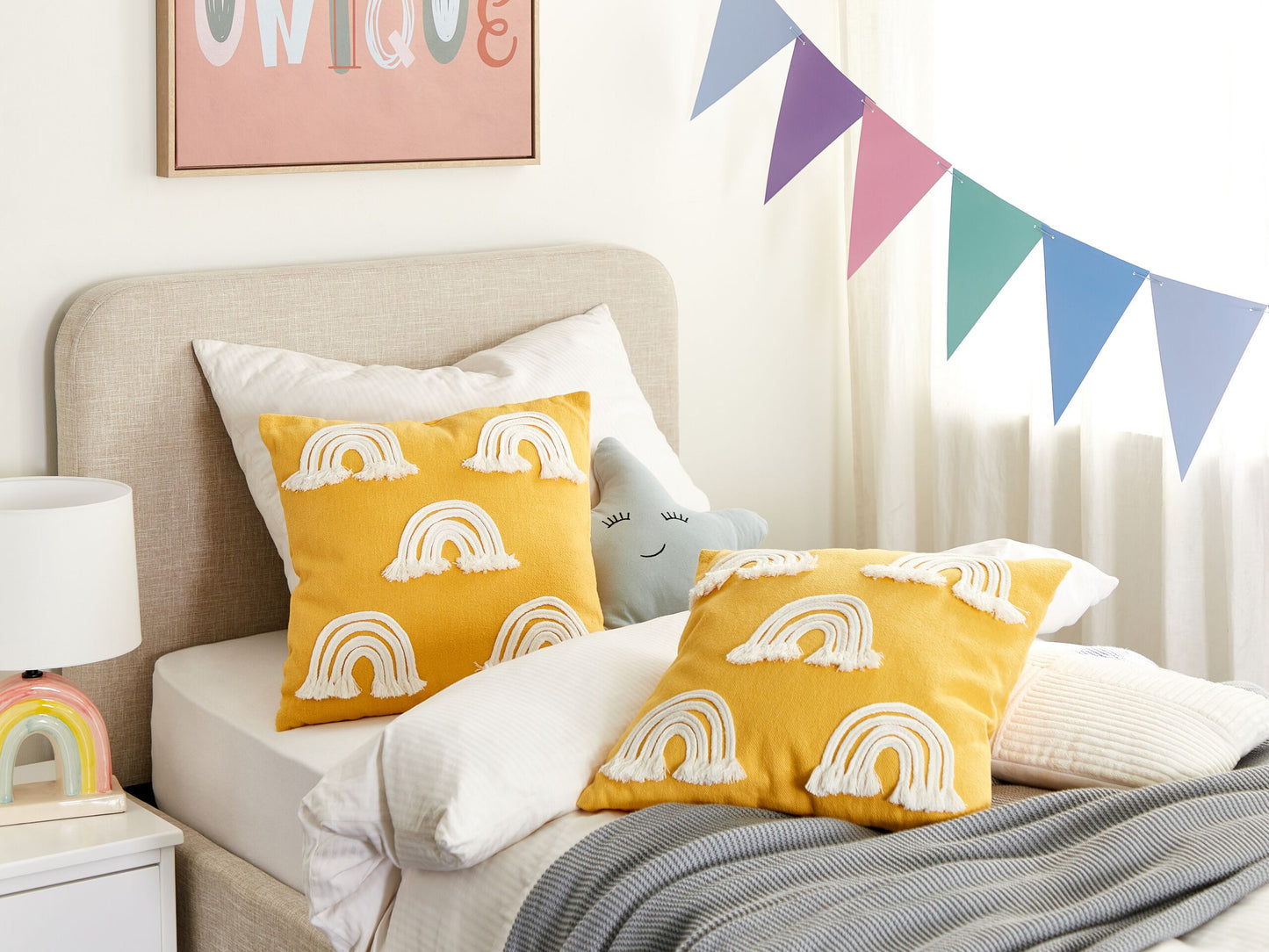 Dekokissen Regenbogenmotiv Baumwolle gelb 45 x 45 cm 2er Set LEEA