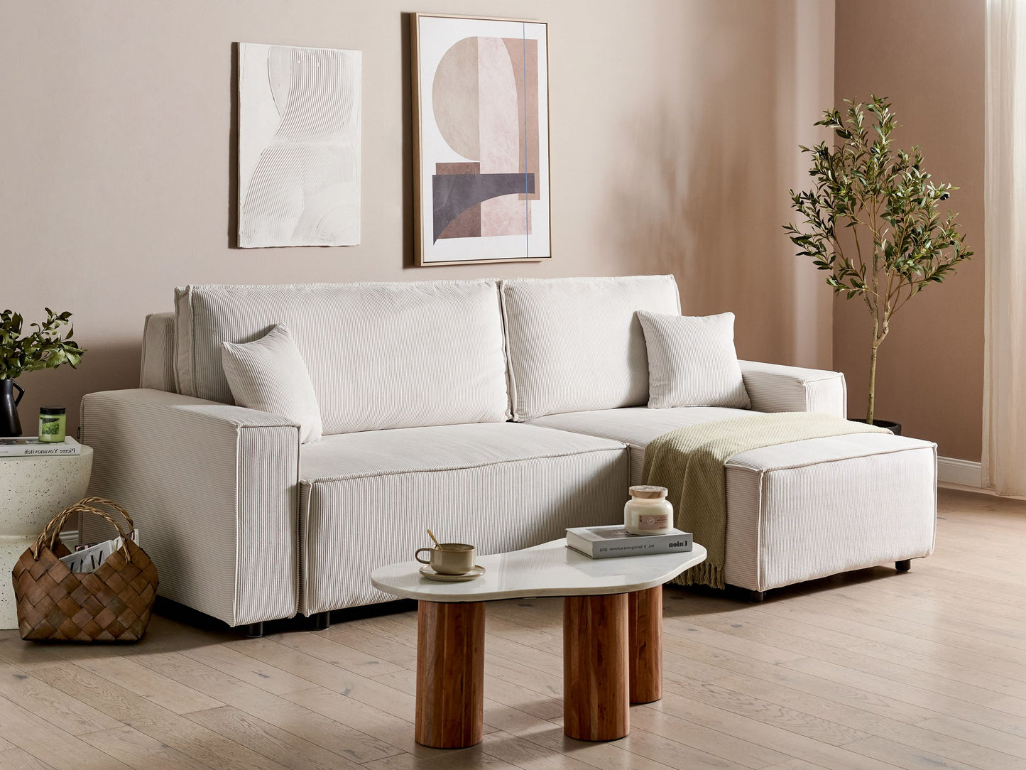 2-Sitzer Ecksofa Cord cremeweiss linksseitig mit Schlaffunktion ABACKA