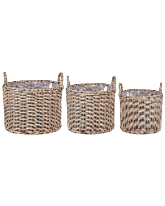 Blumenkorb 3er Set Rattan hellbraun rund PENDULA