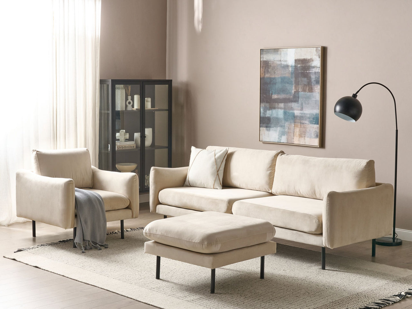 Sofa Set Samtstoff hellbeige 4-Sitzer mit Ottomane VINTERBRO