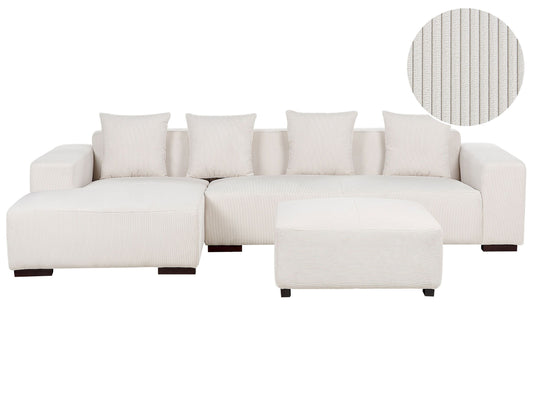 4-Sitzer Ecksofa Cord cremeweiss rechtsseitig mit Ottomane LUNGO
