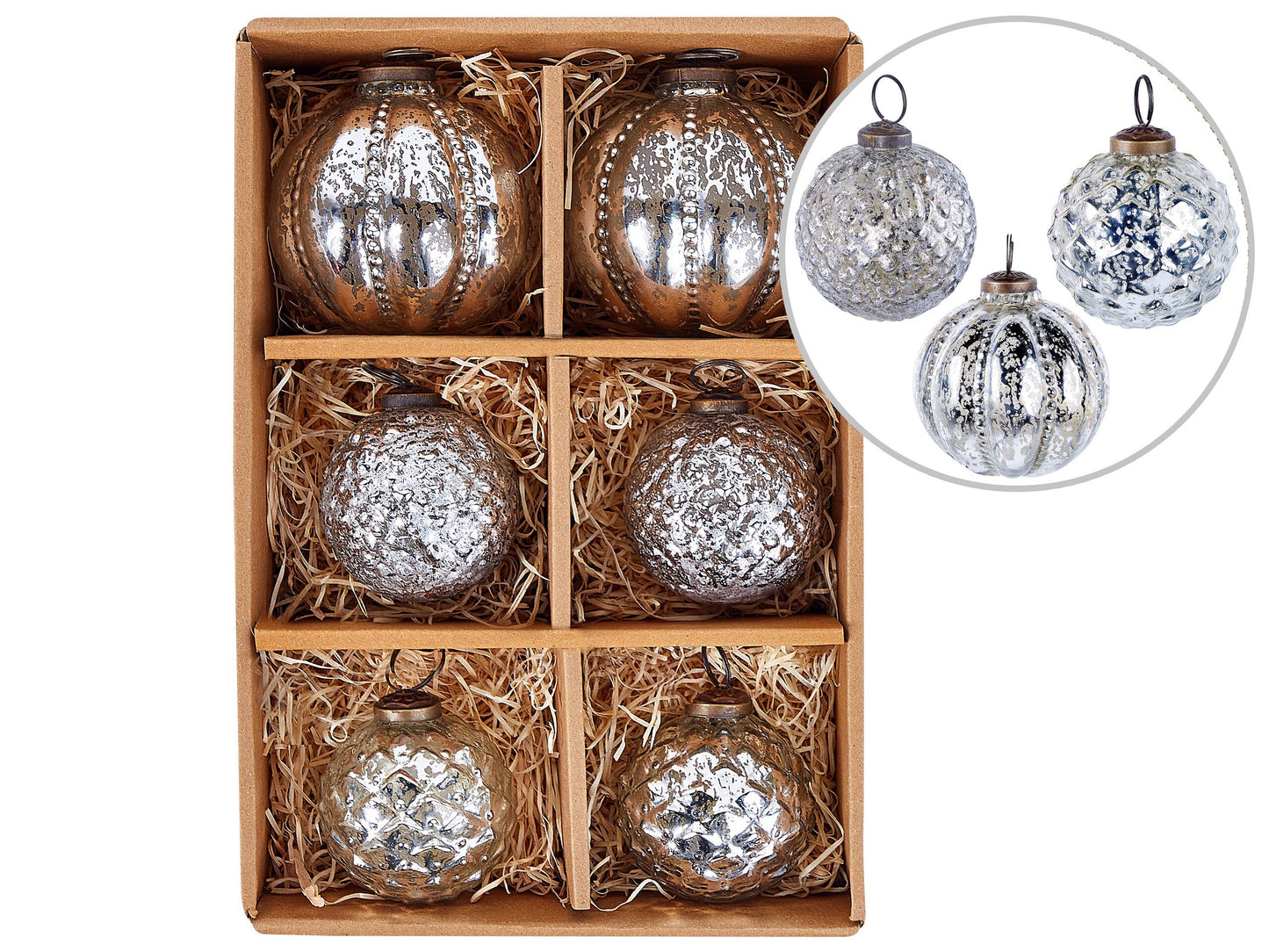 Weihnachtskugel 6er Set Glas silber Antik-Optik ARGENTIN