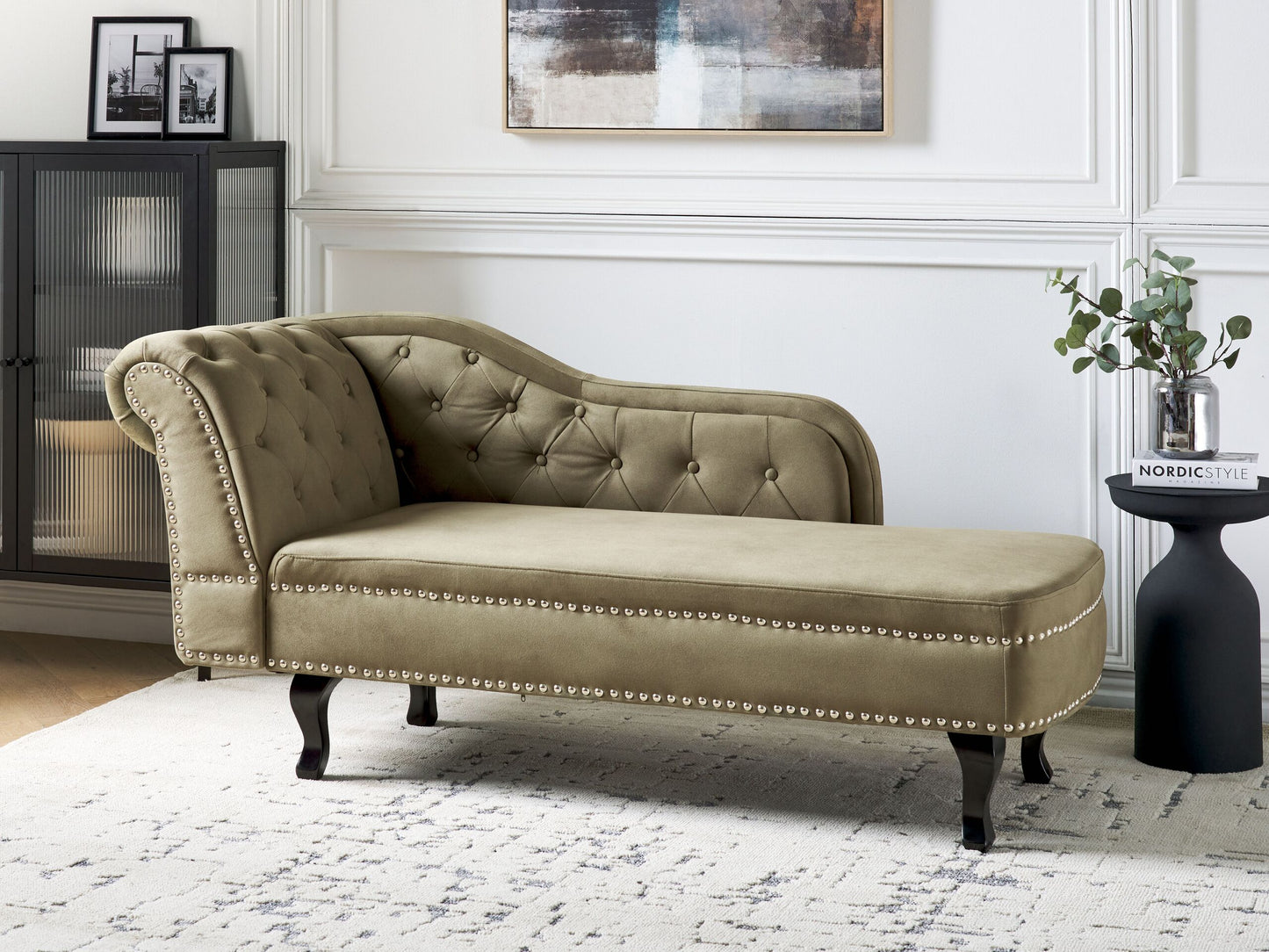 Chaiselongue Samtstoff olivgrün linksseitig NIMES