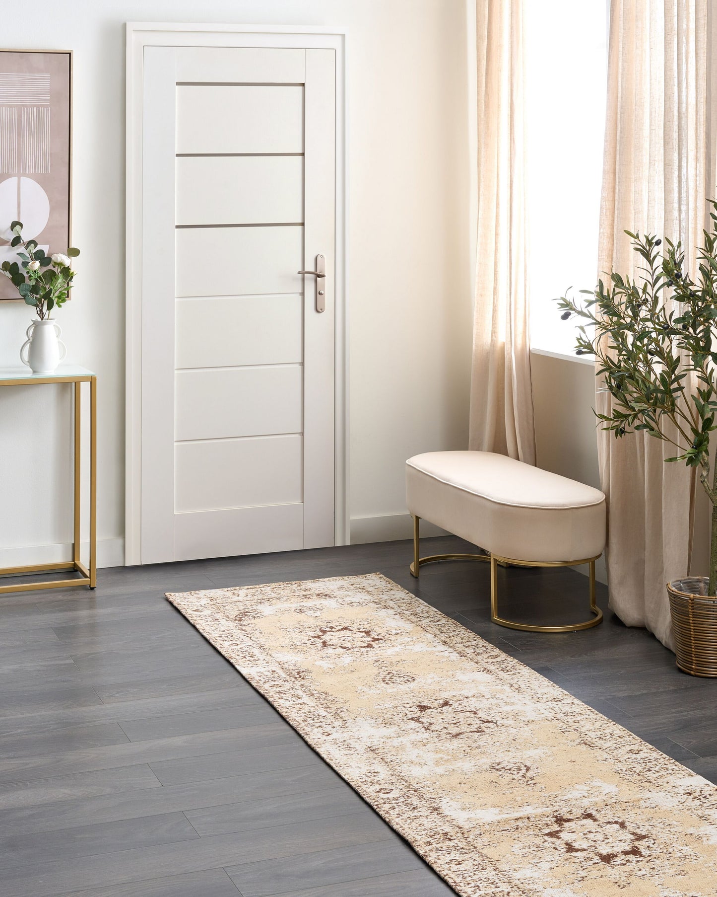 Teppich Baumwolle beige-braun 80 x 300 cm orientalisches Muster Kurzflor ALMUS