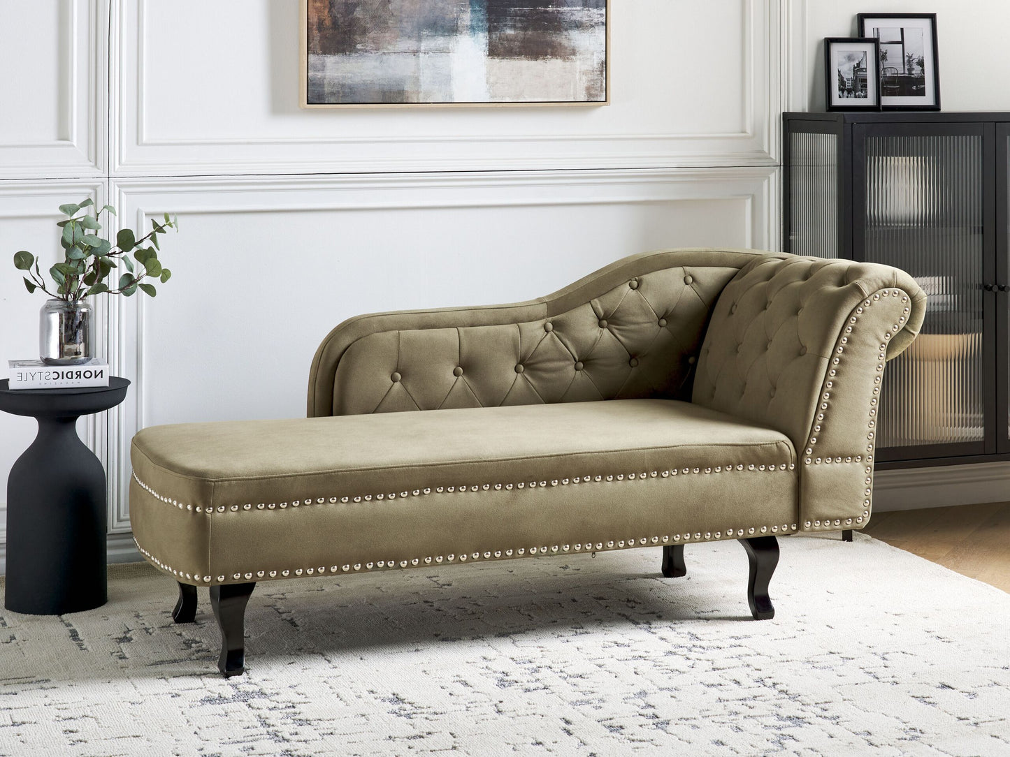 Chaiselongue Samtstoff olivgrün rechtsseitig NIMES