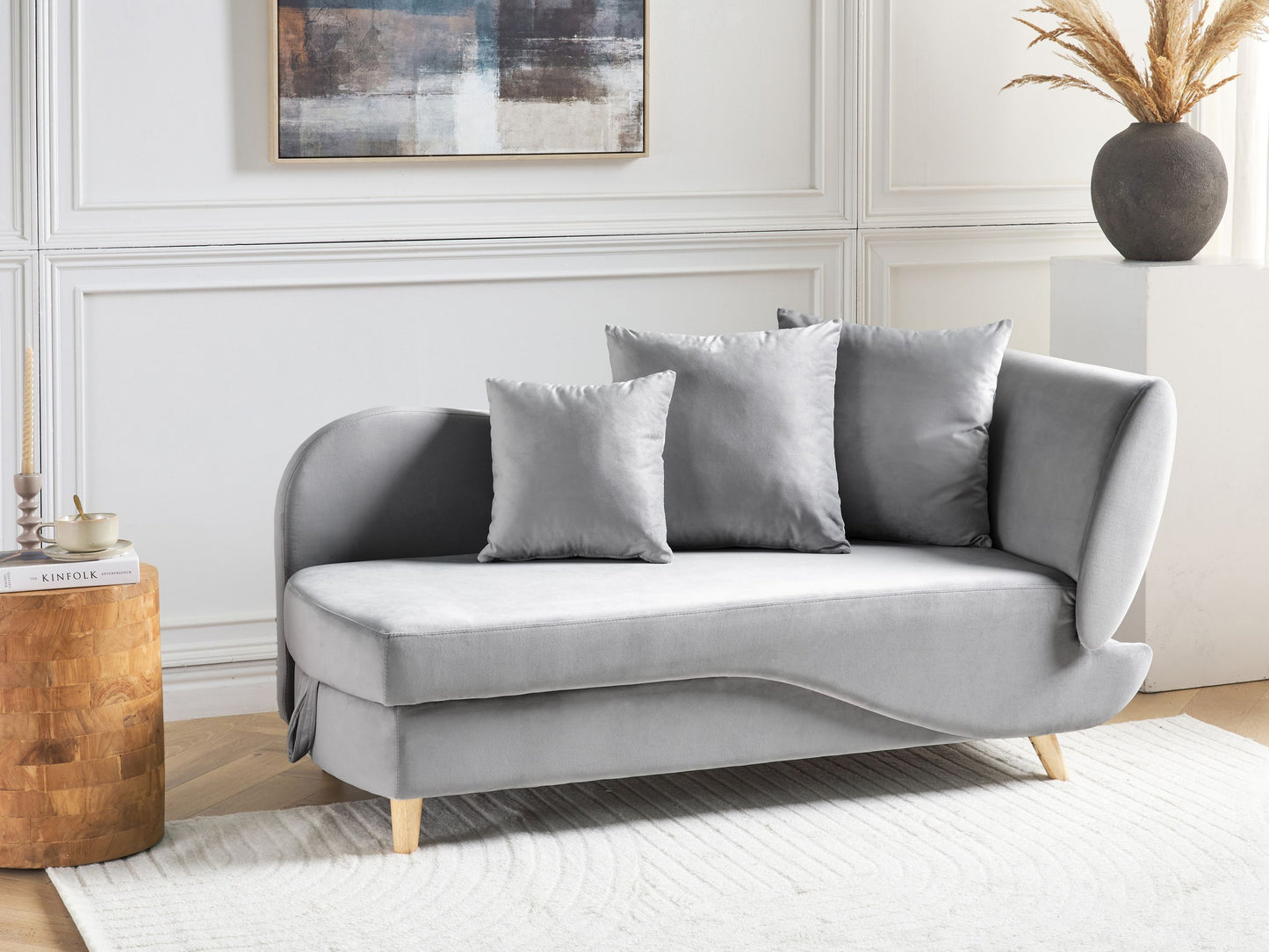 Chaiselongue Samtstoff hellgrau mit Bettkasten rechtsseitig MERI II