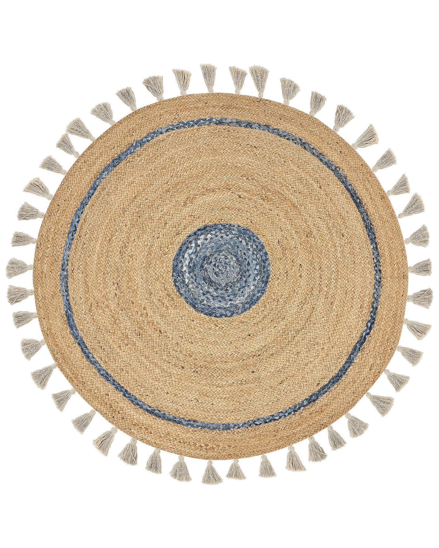 Teppich Jute beige / blau ø 140 cm mit Quasten Kurzflor OBAKOY