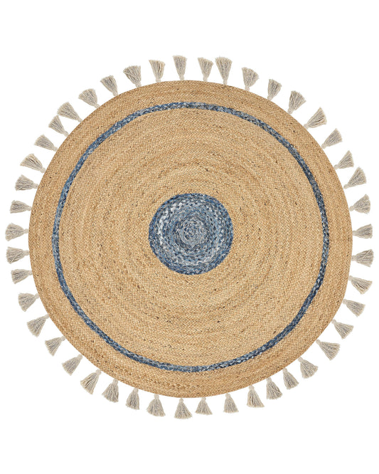 Teppich Jute beige / blau ø 140 cm mit Quasten Kurzflor OBAKOY