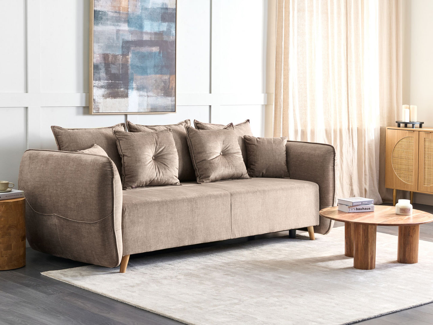 2-Sitzer Schlafsofa Samtstoff hellbraun mit Stauraum VALLANES