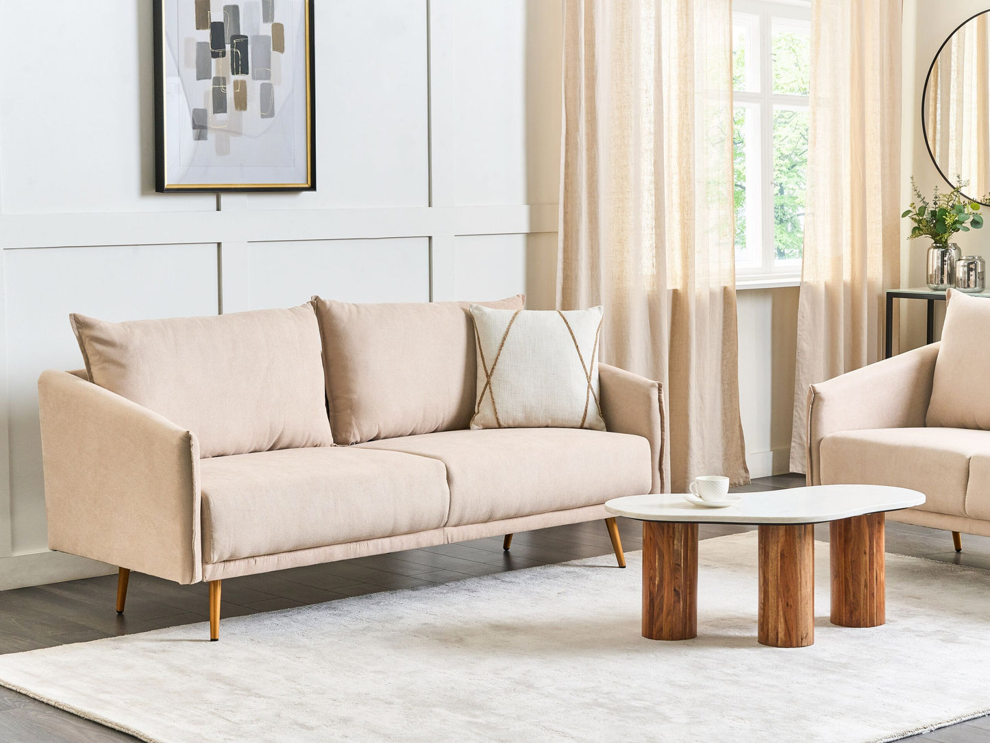 3-Sitzer Sofa Samtstoff beige mit goldenen Beinen MAURA