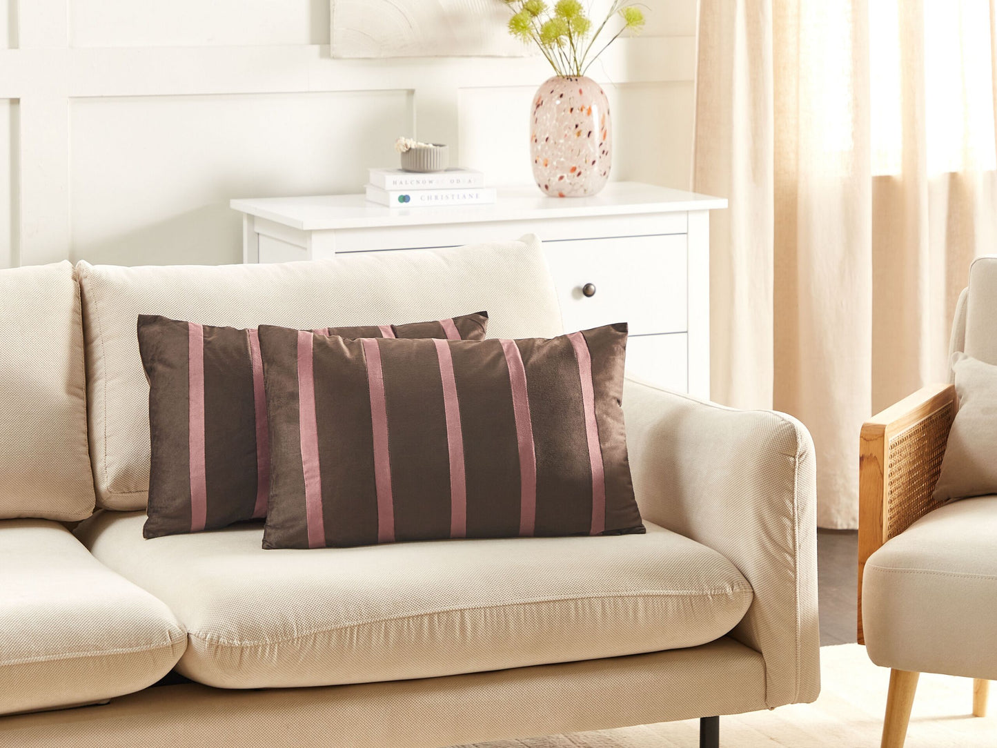 Dekokissen 2er Set CRODYLINE Samtstoff 35 x 60 cm Braun Streifenmuster