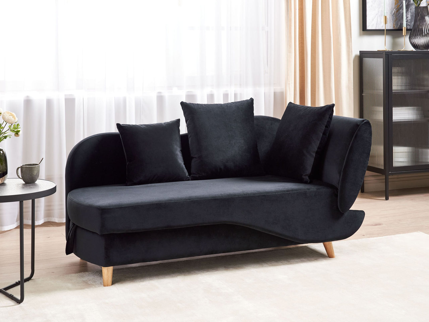 Chaiselongue Samtstoff schwarz mit Bettkasten rechtsseitig MERI II