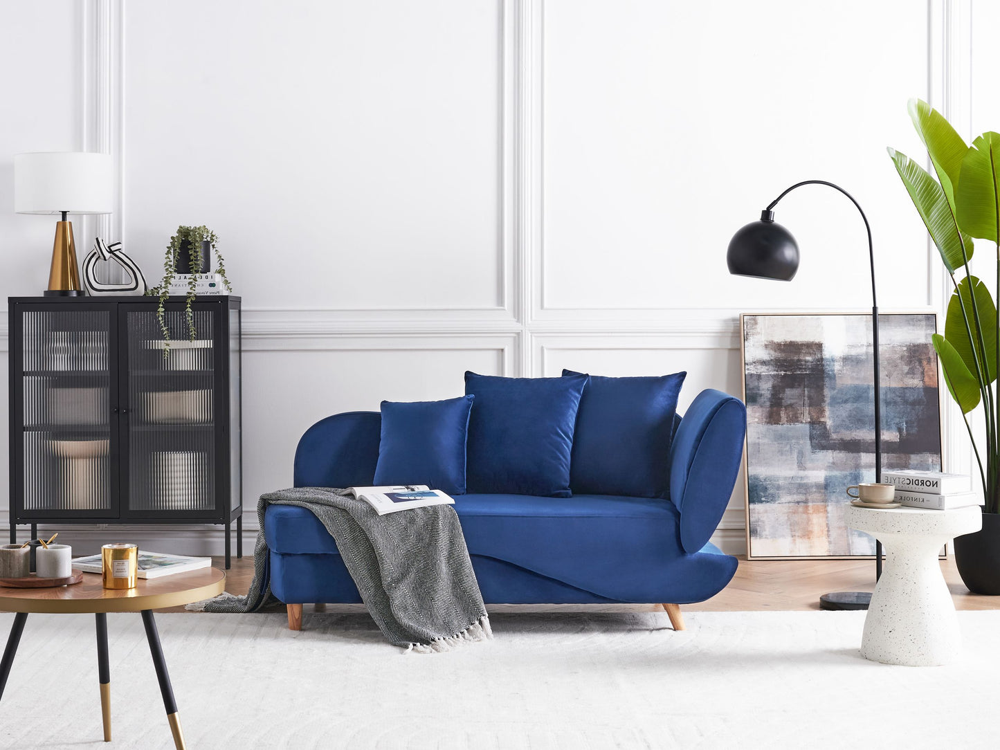 Chaiselongue Samtstoff marineblau mit Bettkasten rechtsseitig MERI II