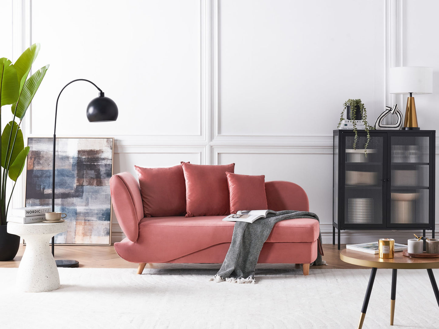 Chaiselongue Samtstoff rosa mit Bettkasten linksseitig MERI II
