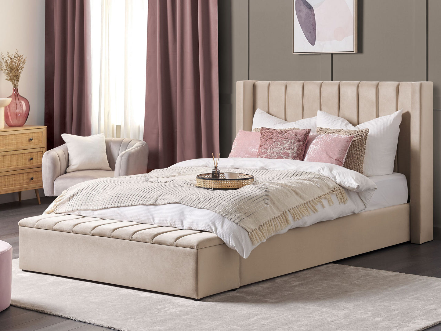 Wasserbett mit Stauraumbank Samtstoff NOYERS 180 x 200 cm Beige