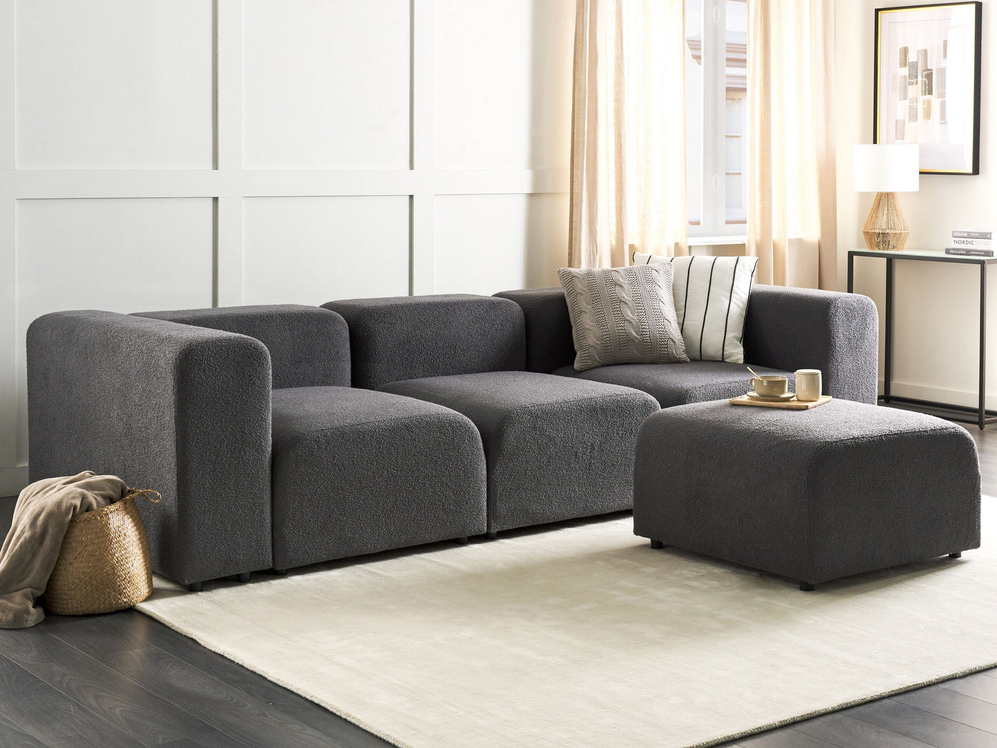 3-Sitzer Sofa Bouclé dunkelgrau mit Ottomane FALSTERBO