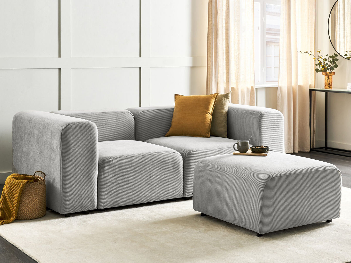 2-Sitzer Sofa Cord grau mit Ottomane FALSTERBO