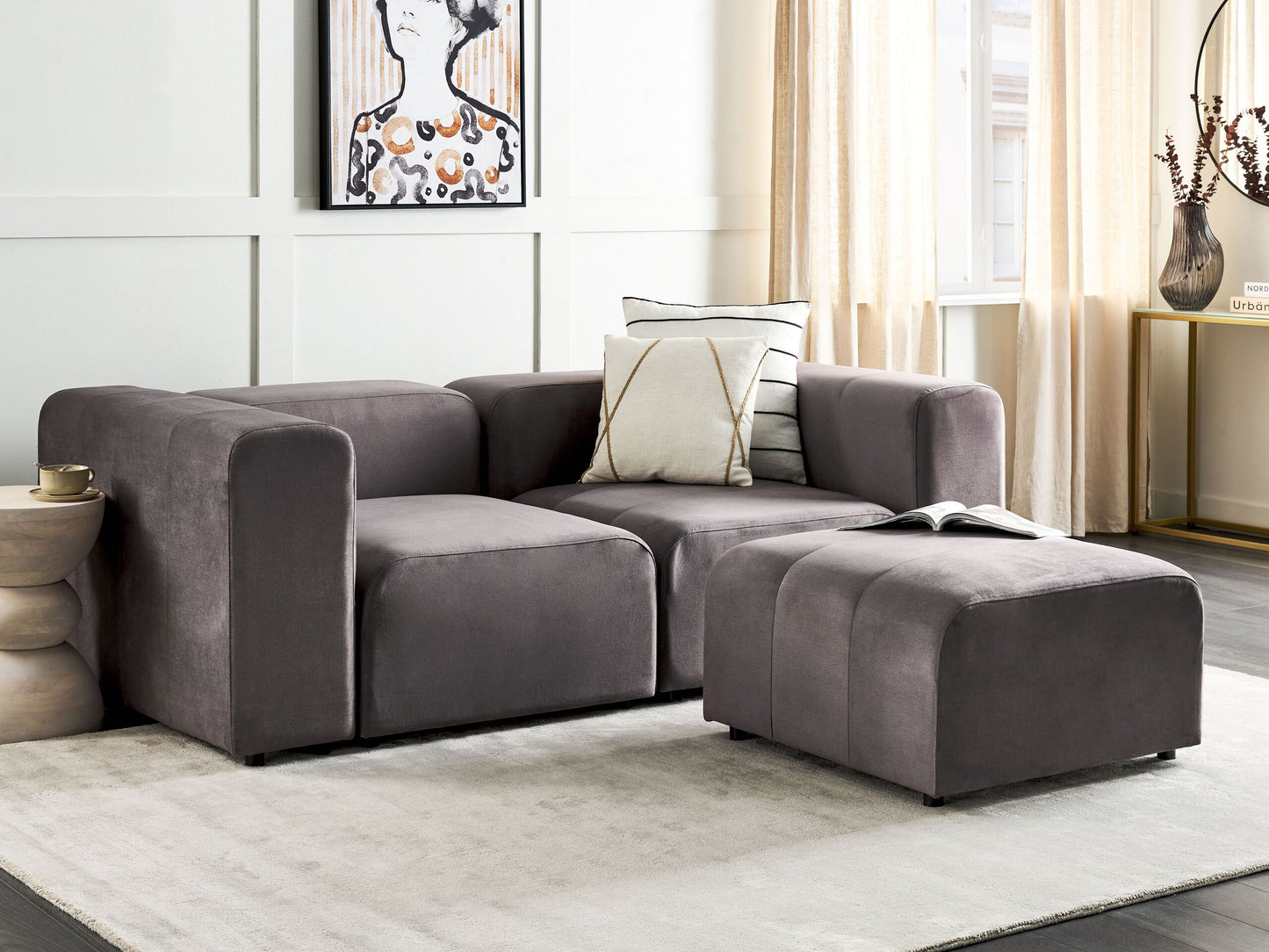 2-Sitzer Sofa Samtstoff dunkelgrau mit Ottomane FALSTERBO
