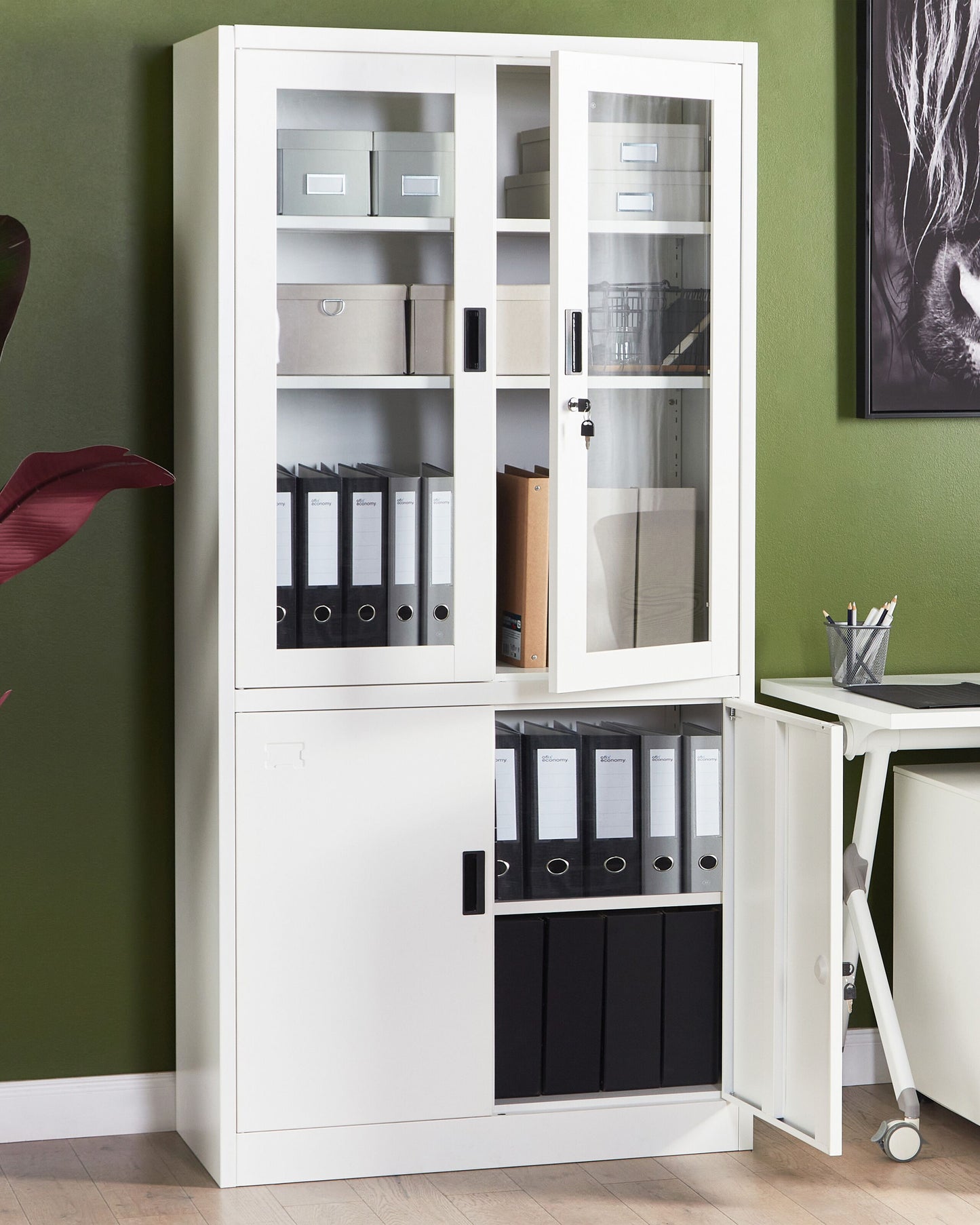Vitrine mit Glastüren MALACHITE Metall 90 cm Weiss