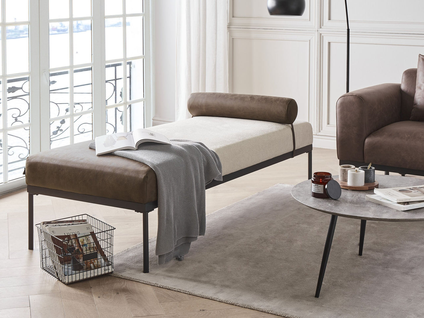 Chaiselongue Leinenoptik / Kunstleder beige / dunkelbraun MALMOS