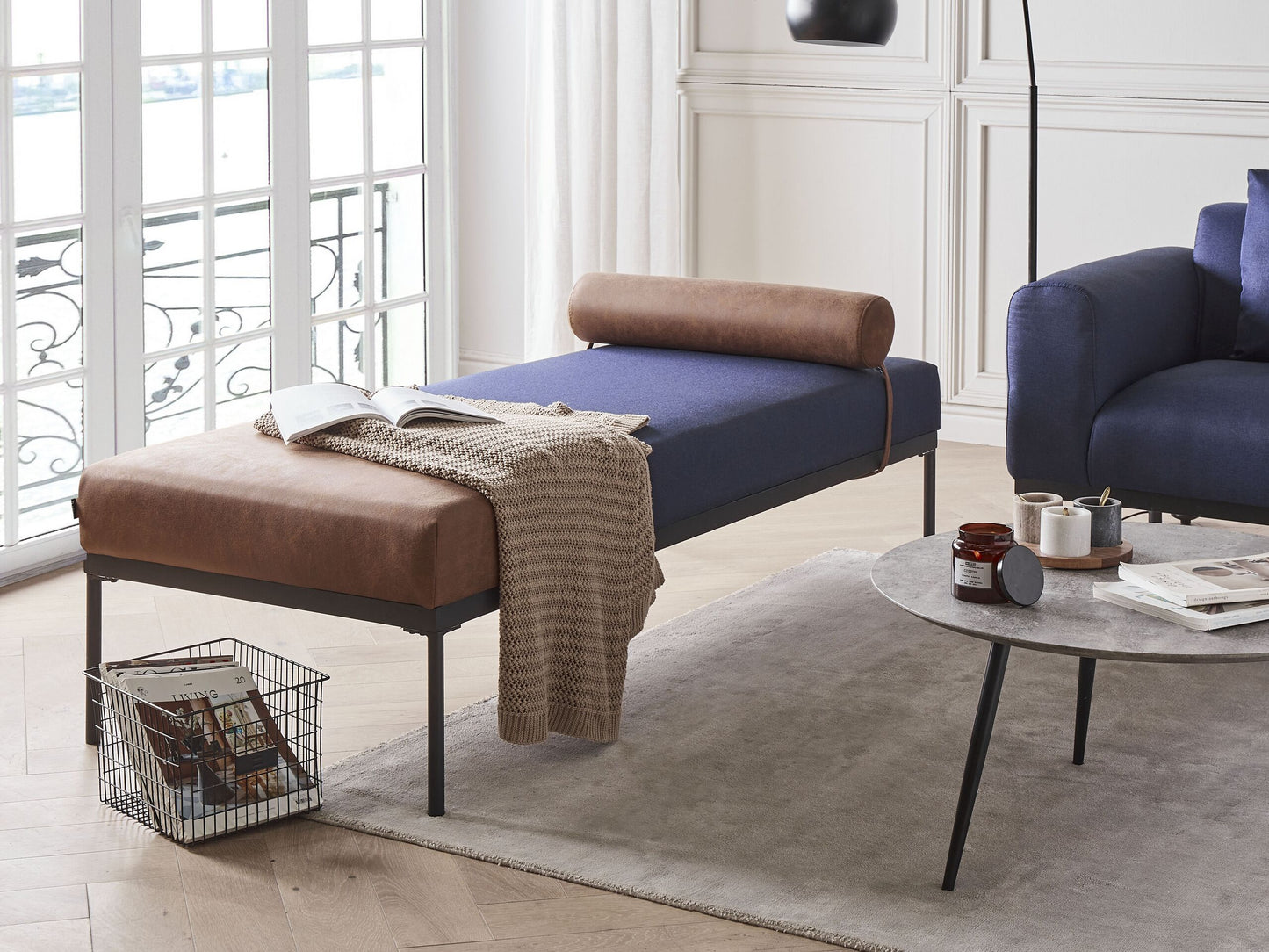 Chaiselongue Leinenoptik / Kunstleder dunkelblau / braun MALMOS