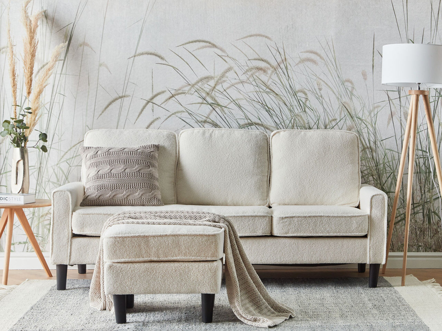 3-Sitzer Sofa Bouclé weiss mit Ottomane AVESTA