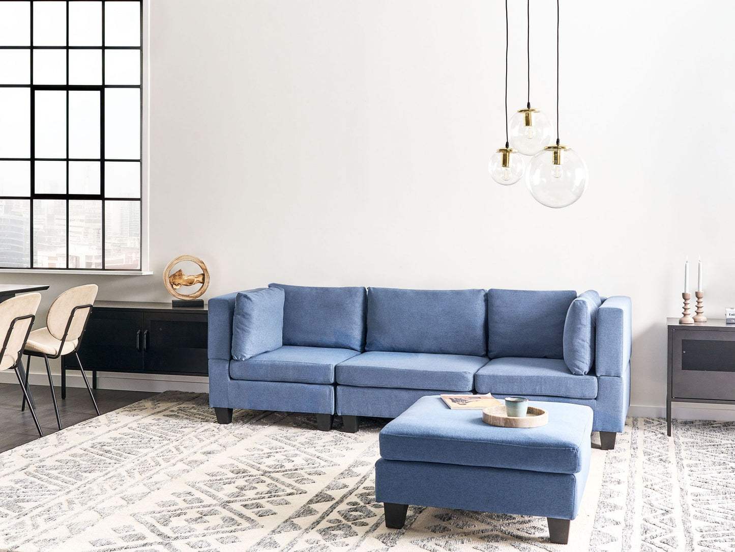 3-Sitzer Sofa Leinenoptik blau mit Ottomane UNSTAD