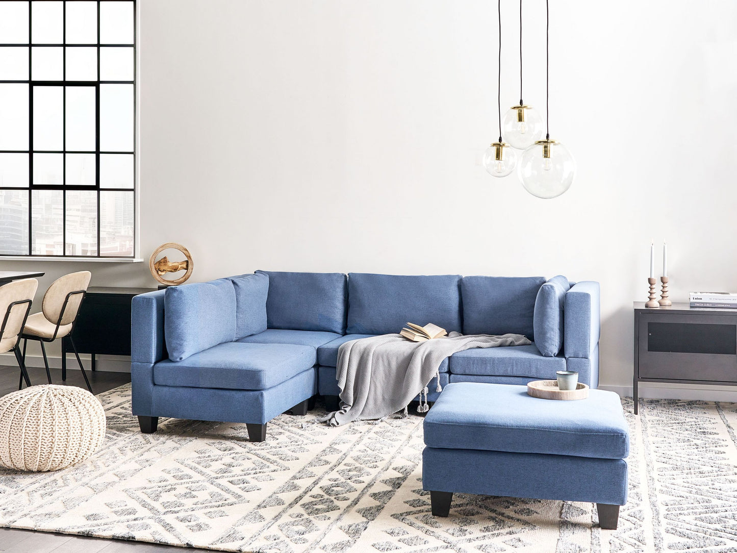 4-Sitzer Ecksofa Leinenoptik blau rechtsseitig mit Ottomane UNSTAD