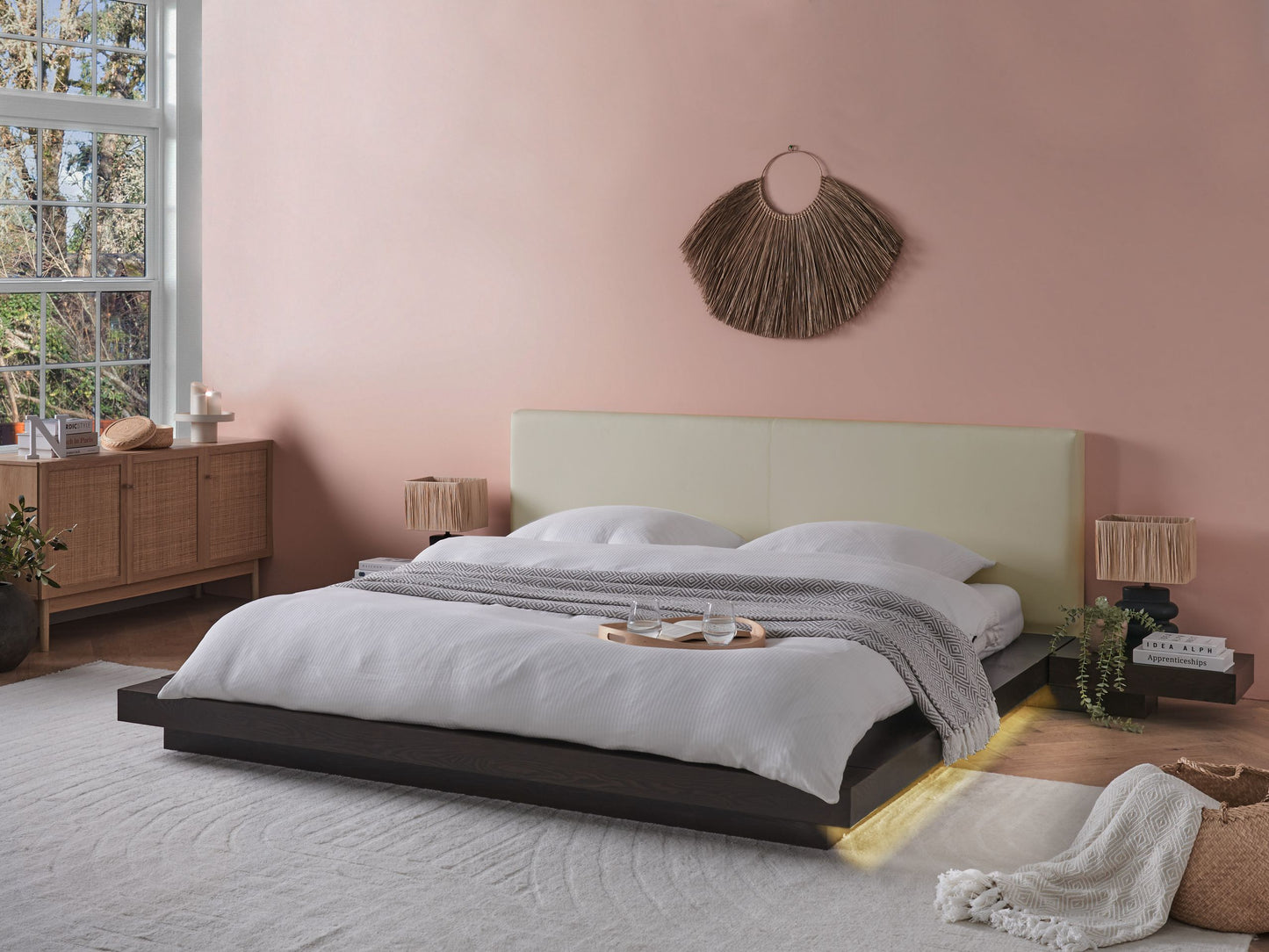 Bett mit LED Kunstleder ZEN 180 x 200 cm Dunkle Esche