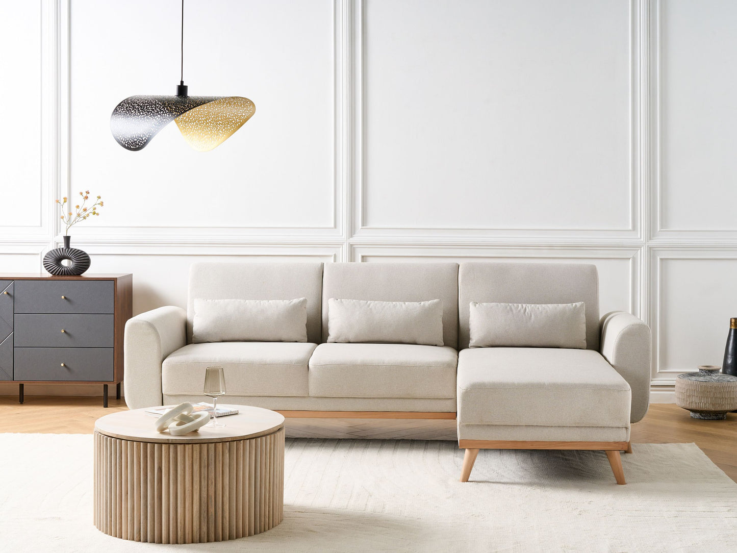 3-Sitzer Ecksofa Stoff hellbeige linksseitig mit Schlaffunktion OLLSTA