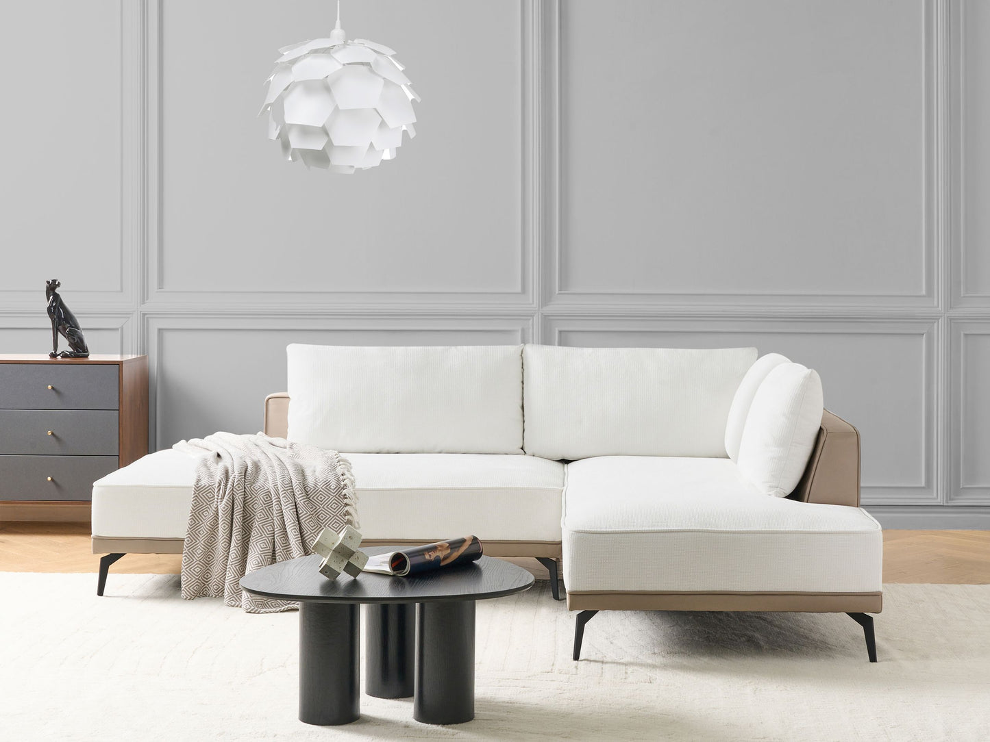 Ecksofa Stoff cremeweiss linksseitig modular MYKEN