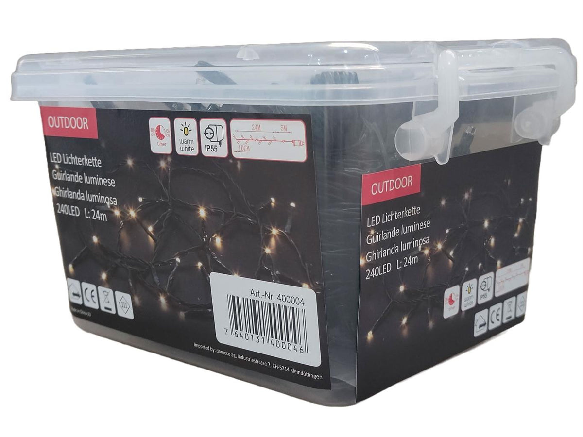 LED Outdoor Lichterkette 240 LED 
Warm weisses Licht 
L: 24m - Kabelfarbe: Grün