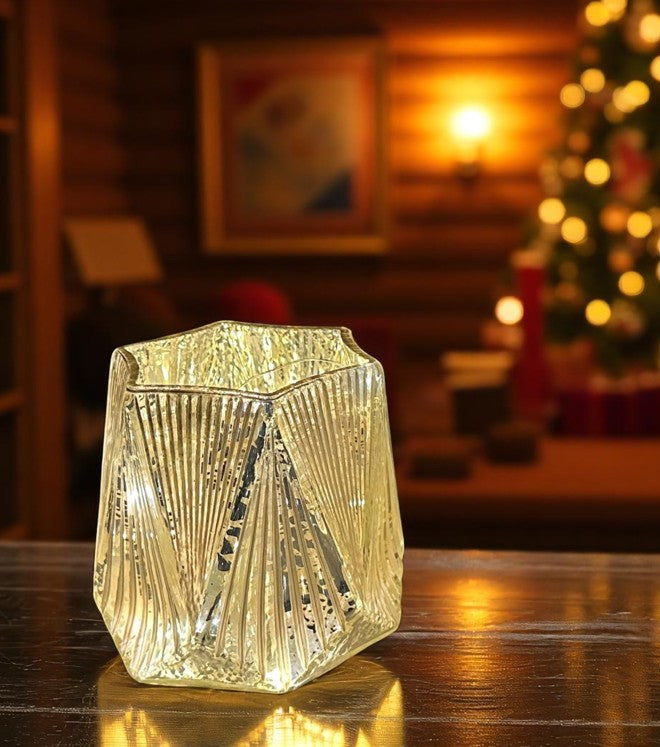 Windlicht 6 eckig Glas 
matt weiss Innen gold 
D10cm x H10cm