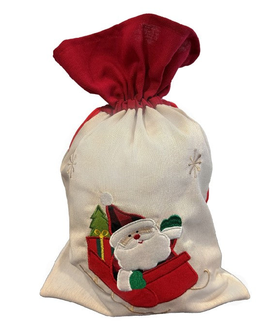 Jutesack mit rotem Zugband Santa im Schlitten Grösse: B:25cm H:35cm