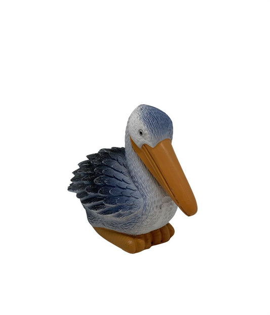 Deko Pelikan aus Polyresin 
Farbe: Blau / Orange 
B:10cm T:5cm H:8cm
