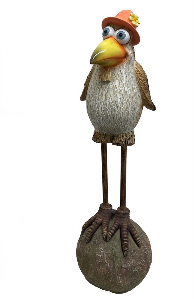 Deko Vogel auf Stein 
mit orangem Damenhut 
Grösse 12 x15 x40cm