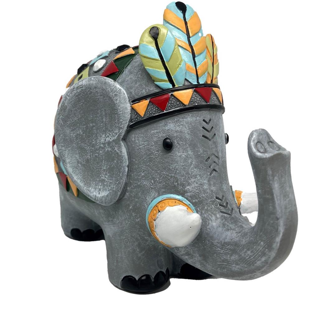 Deko Elefant 
grau mit buntem Sattel und Kopfschmuck 
11.5 x19.5 x15.5cm