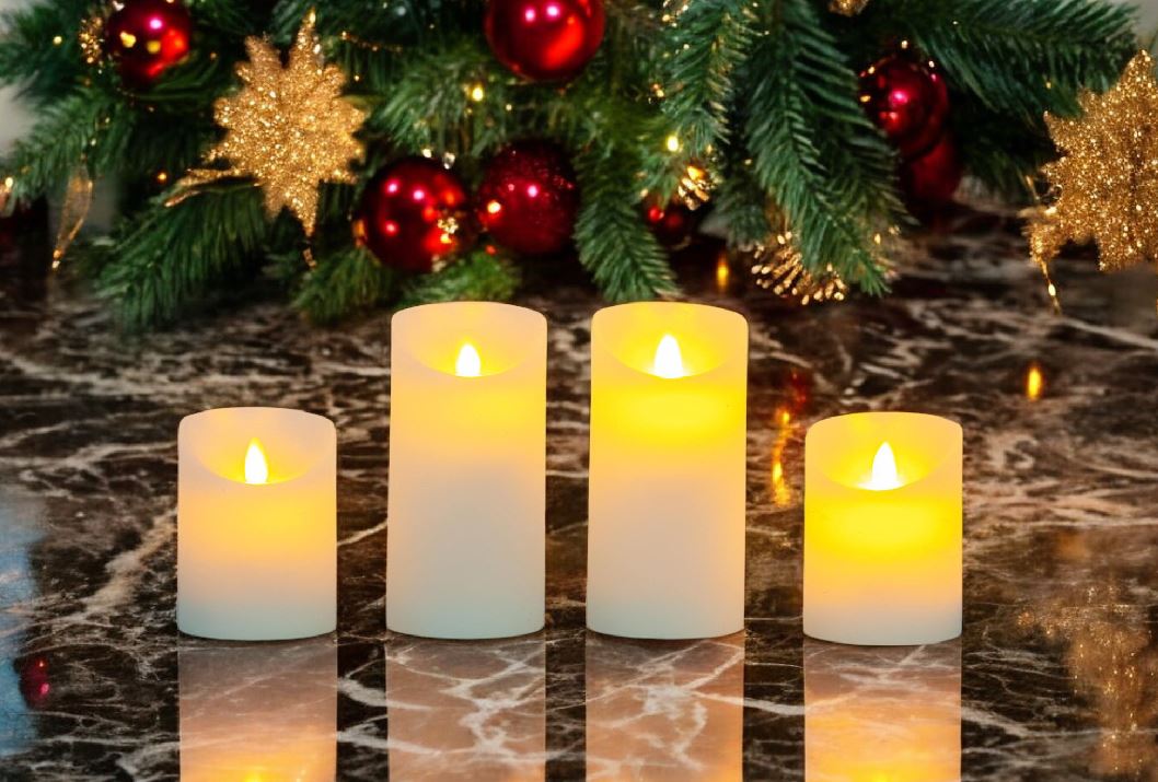 Bougie en cire LED lot de 4 flamme mobile rustique blanche
 P:7cm / 2x H:10cm + 2x H:15cm