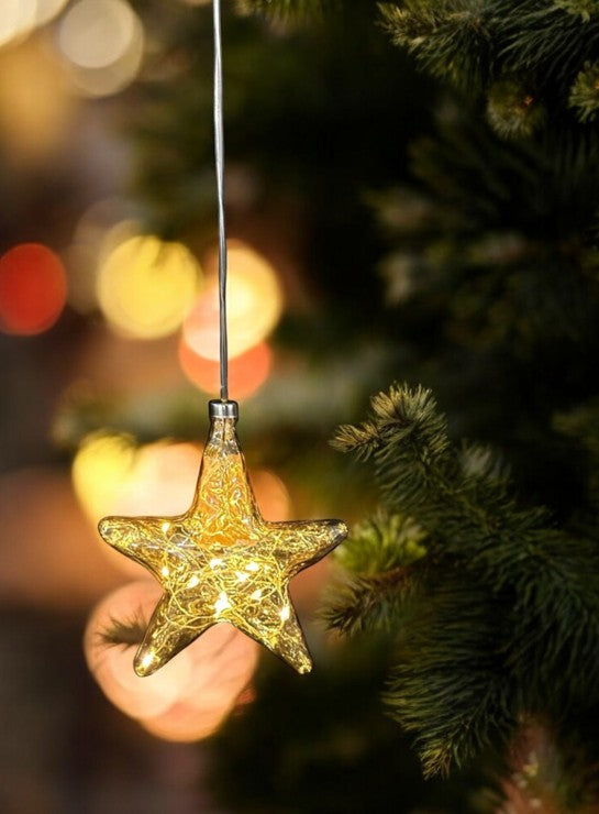 LED Glas Stern organisch gold, transparent mit 12 LED D12cm Tube Batteriefach