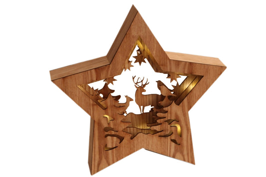 Holz Stern mit Hirsch Design-10 LED-D: 34cm
Hellbraunes Holz mit hellbraunen Hirschen