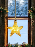 LED Glas Stern organisch gold, transparent mit 15 LED D15cm Tube Batteriefach