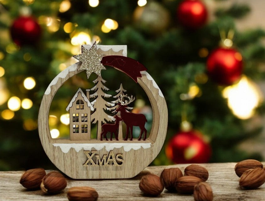 Deko Aufsteller rund naturfarben mit Rentier und Wald aus Holz goldiger Stern