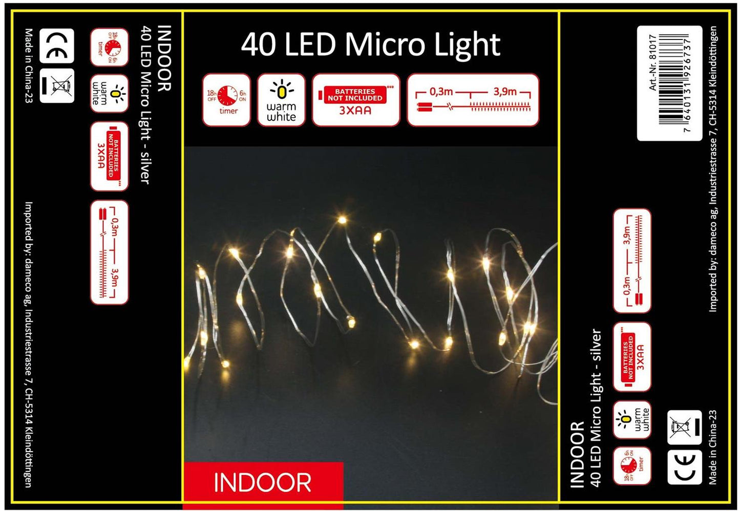 LED Micro Draht Lichterkette 40 LED
L: 390cm
silber Draht