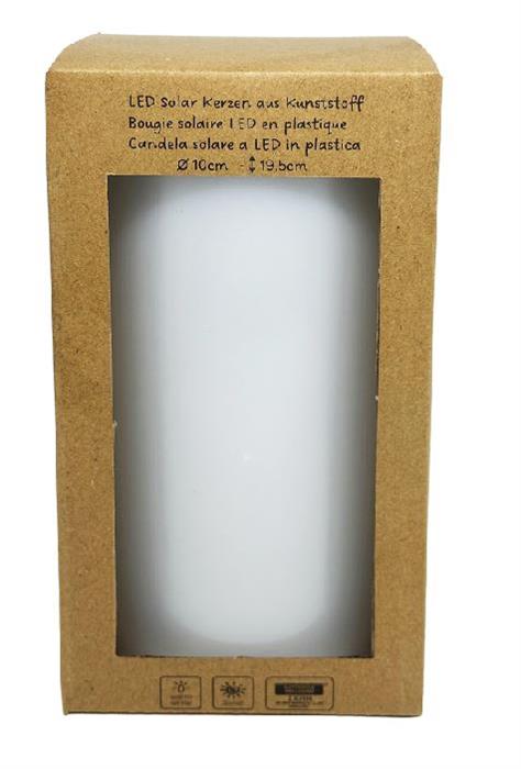 LED Solar Kerze Kunststoff 
Outdoor wasserdicht IP44 
D:10cm - H:19.5cm 
Farbe weiss